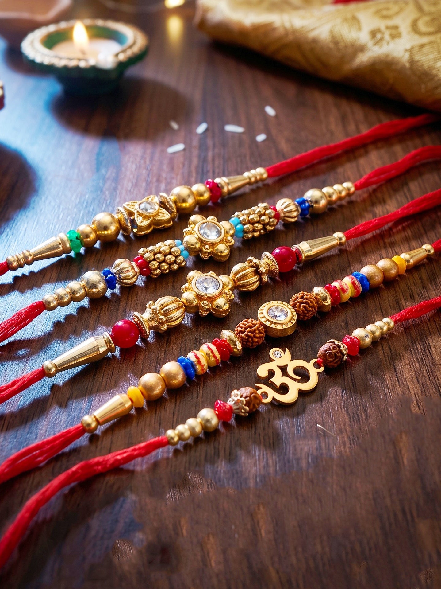 Lucky Jewellery Set of 5 Rakhi with Small Floral & Om Centerpieces, Gold-Tone Beads, Roli Chawal & Card (57-S7R1-2313-5)