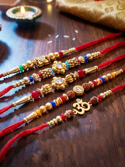 Lucky Jewellery Set of 5 Rakhi with Small Floral & Om Centerpieces, Gold-Tone Beads, Roli Chawal & Card (57-S7R1-2313-5)