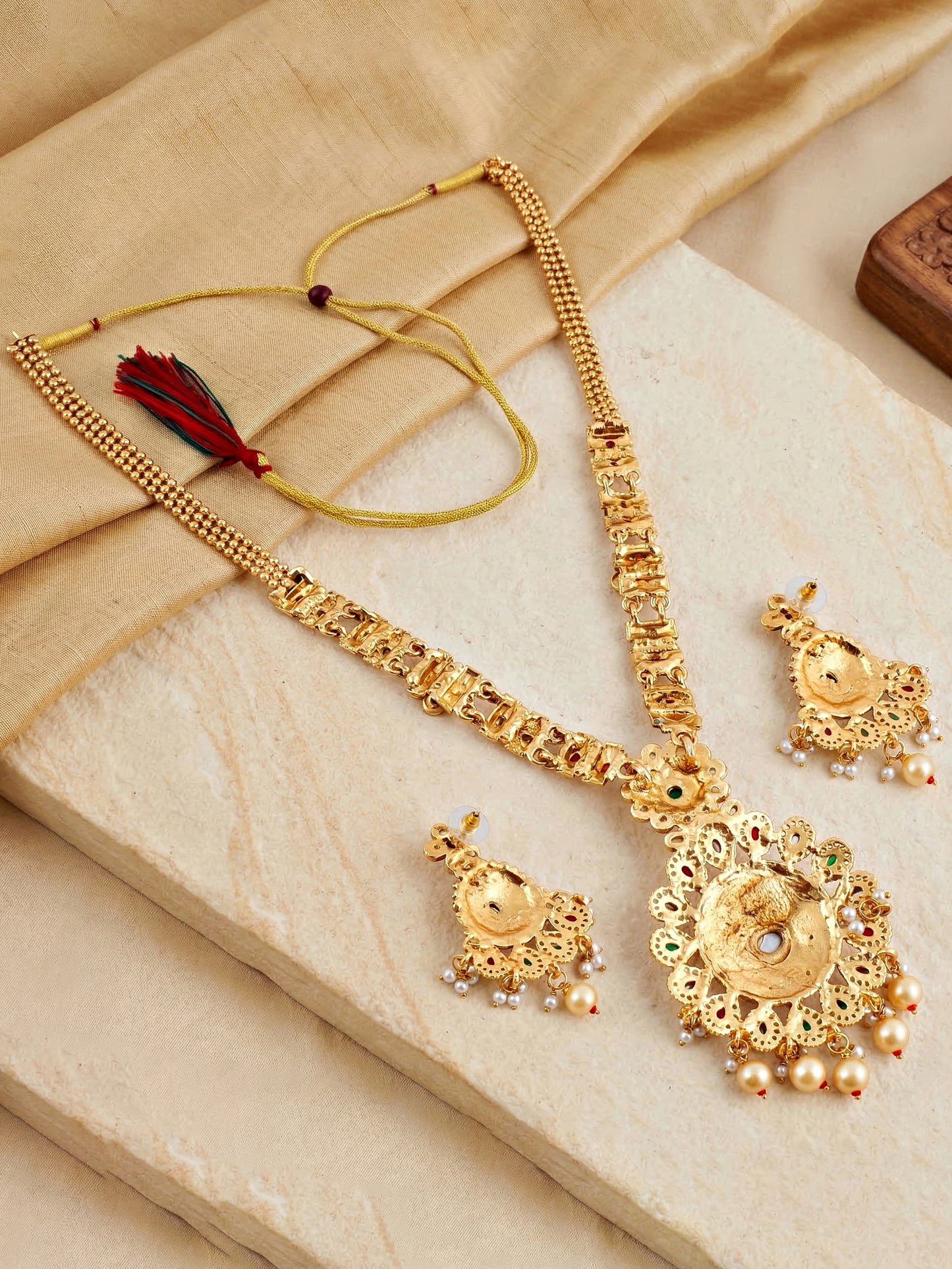 Lucky Jewellery Gold-Plated Ruby & Green Color Long Necklace Set (732-G2SR-194-RG)