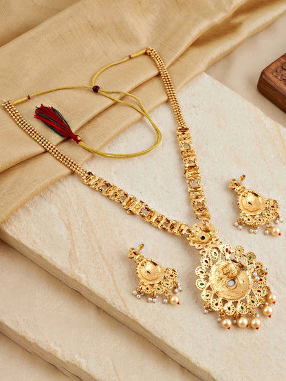 Lucky Jewellery Gold-Plated Ruby & Green Color Long Necklace Set (732-G2SR-194-RG)