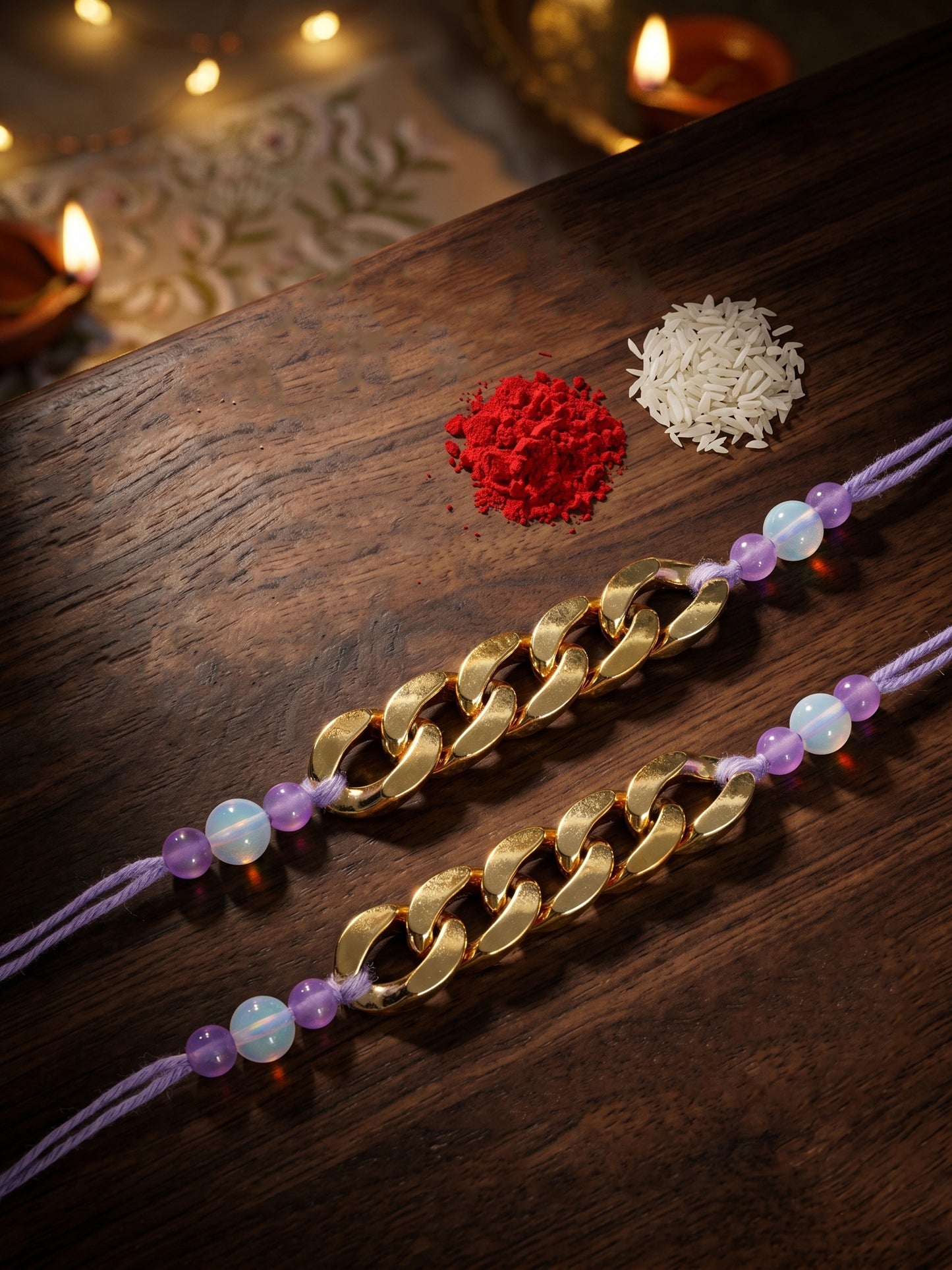 Set of 2 Modern Gold Chain Link Rakhi for Brother with Lavender Beads, Roli Chawal & Card (105-CHR1-1197-2-2026)