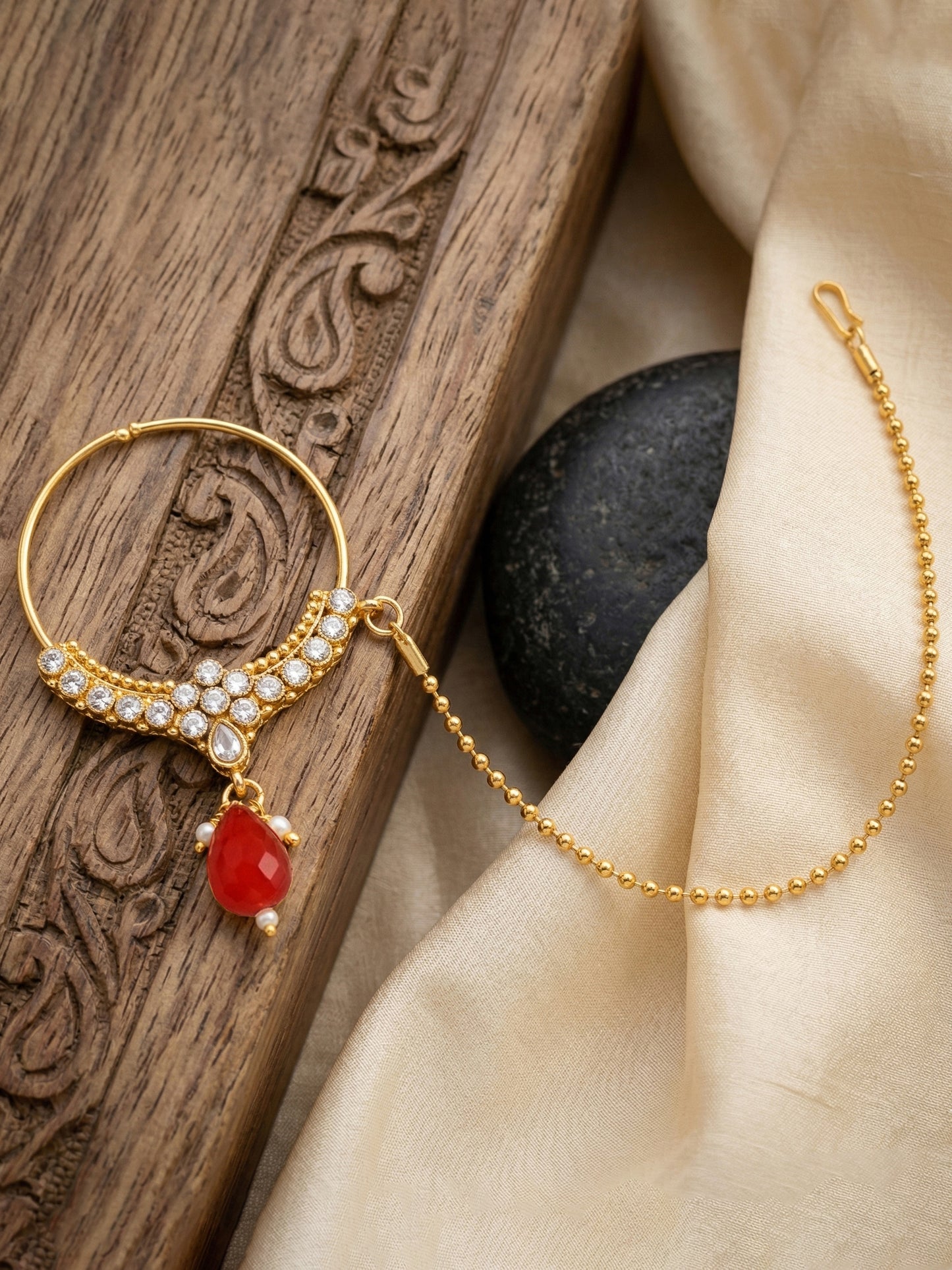 Bridal AD Red Stone Heavy Choker Jewellery Set with Sheesh Patti, Nath & Jhumka (3300-M8ZK-1106-RED)