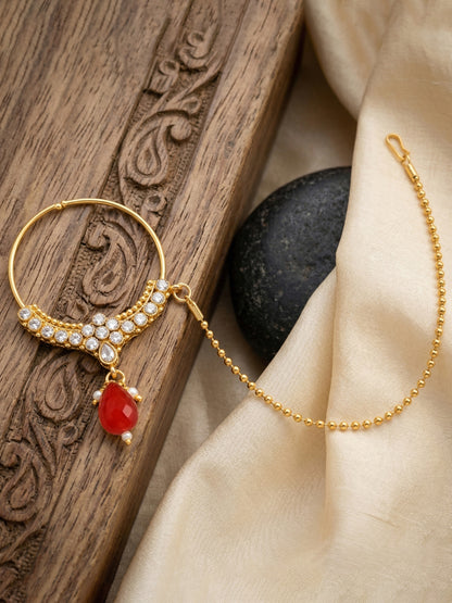 Bridal AD Red Stone Heavy Choker Jewellery Set with Sheesh Patti, Nath & Jhumka (3300-M8ZK-1106-RED)