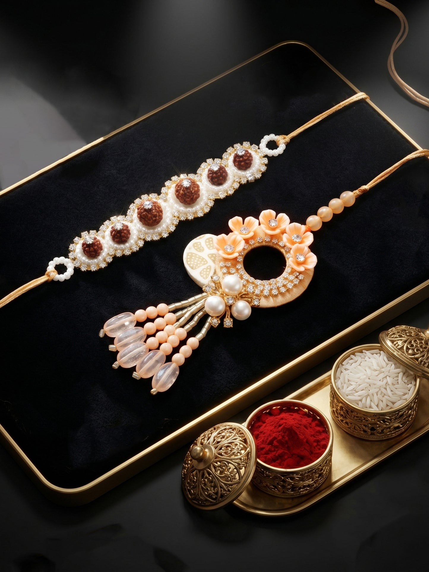 Designer Bhaiya Bhabhi Rakhi Set | Peach Floral Dangling Lumba & Traditional Brown Beaded Rakhi (192-S7R1-PJ6605-PH)