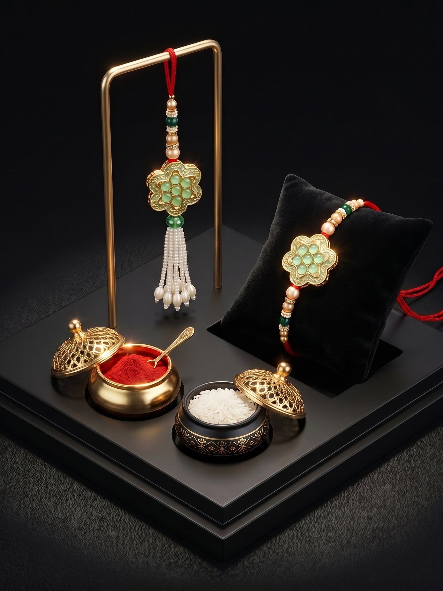 Set of 2 Bhaiya Bhabhi Rakhi Set with Floral Mint Pendant, Green & Golden Beads,Tassel Lumba (130-JPCR1-1857-MNT-2-2026)