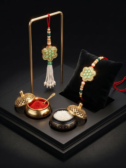 Set of 2 Bhaiya Bhabhi Rakhi Set with Floral Mint Pendant, Green & Golden Beads,Tassel Lumba (130-JPCR1-1857-MNT-2-2026)