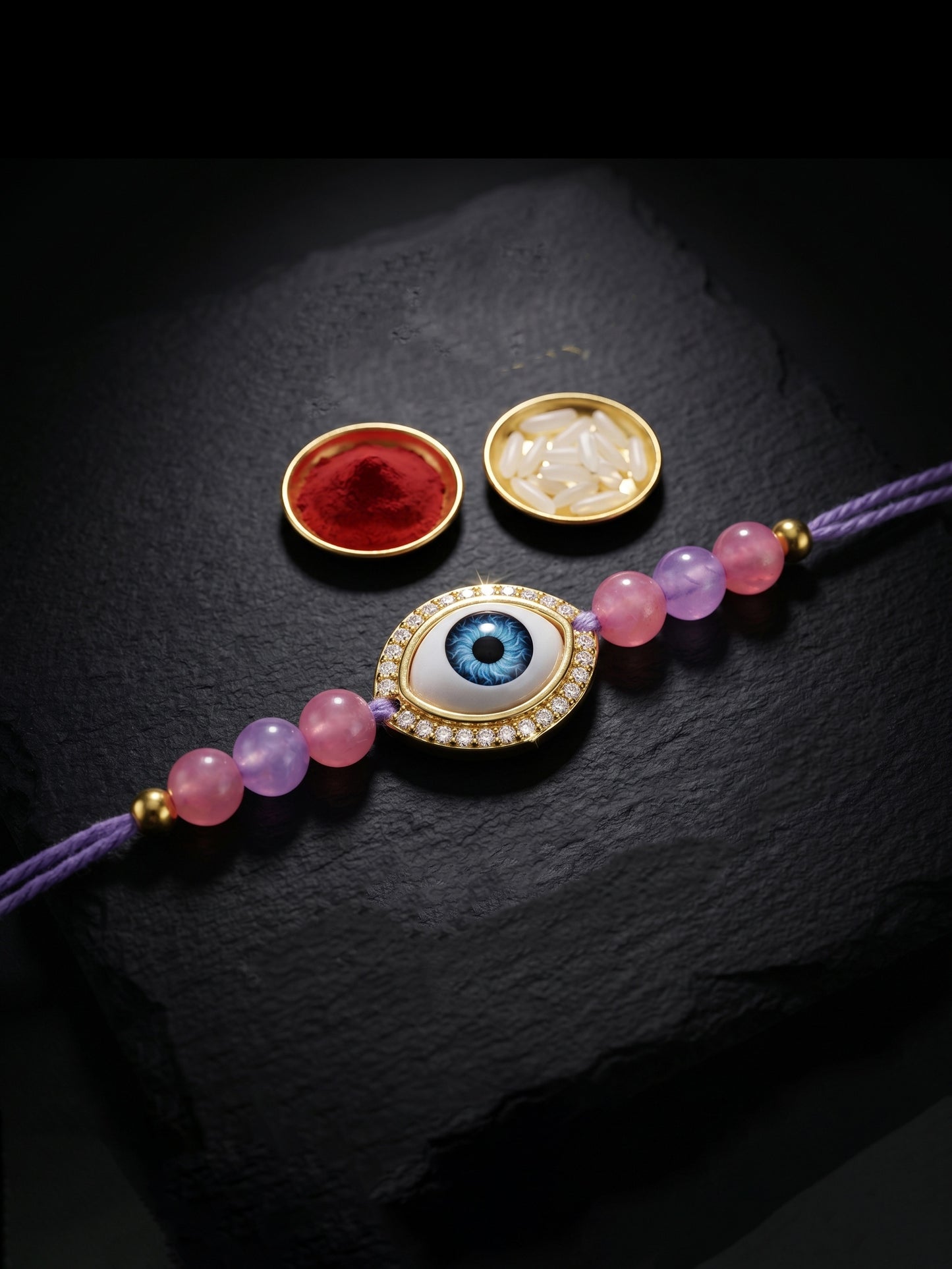Evil Eye Rakhi for Brother. Protective Charm with Pastel Beads, Roli, Chawal & Card (265-CHR1-1191-P-1-2026)