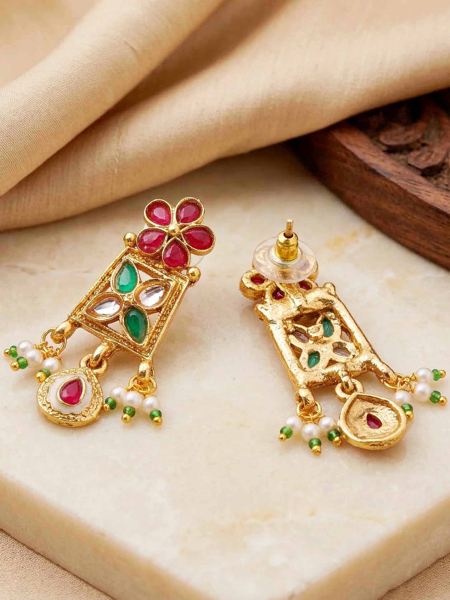 Lucky Jewellery Gold-Plated Ruby & Green Color Necklace Set (750-G2SR-269-RG)