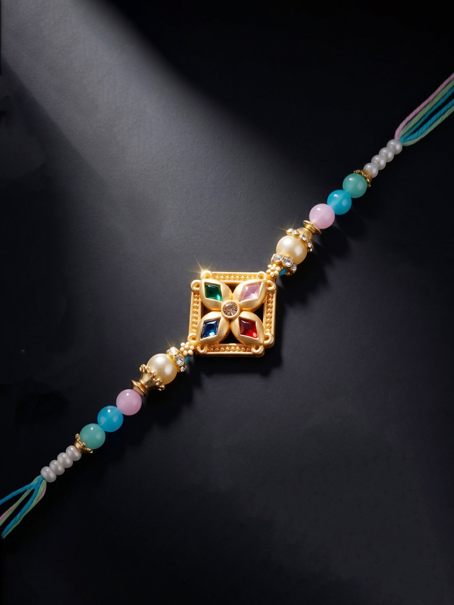 Designer Multi-Color Floral Stone Rakhi for Brother | Pastel Beaded Raksha Bandhan with Roli Chawal (49-S7R1-YO2118)