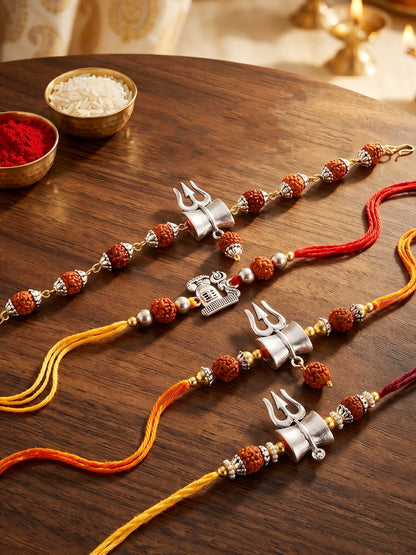Rudraksha Rakhi Set of 4 for Brothers With Silver Trishul Design with Roli, Chawal & Card (241-JPR1-1982-S-4-2026)