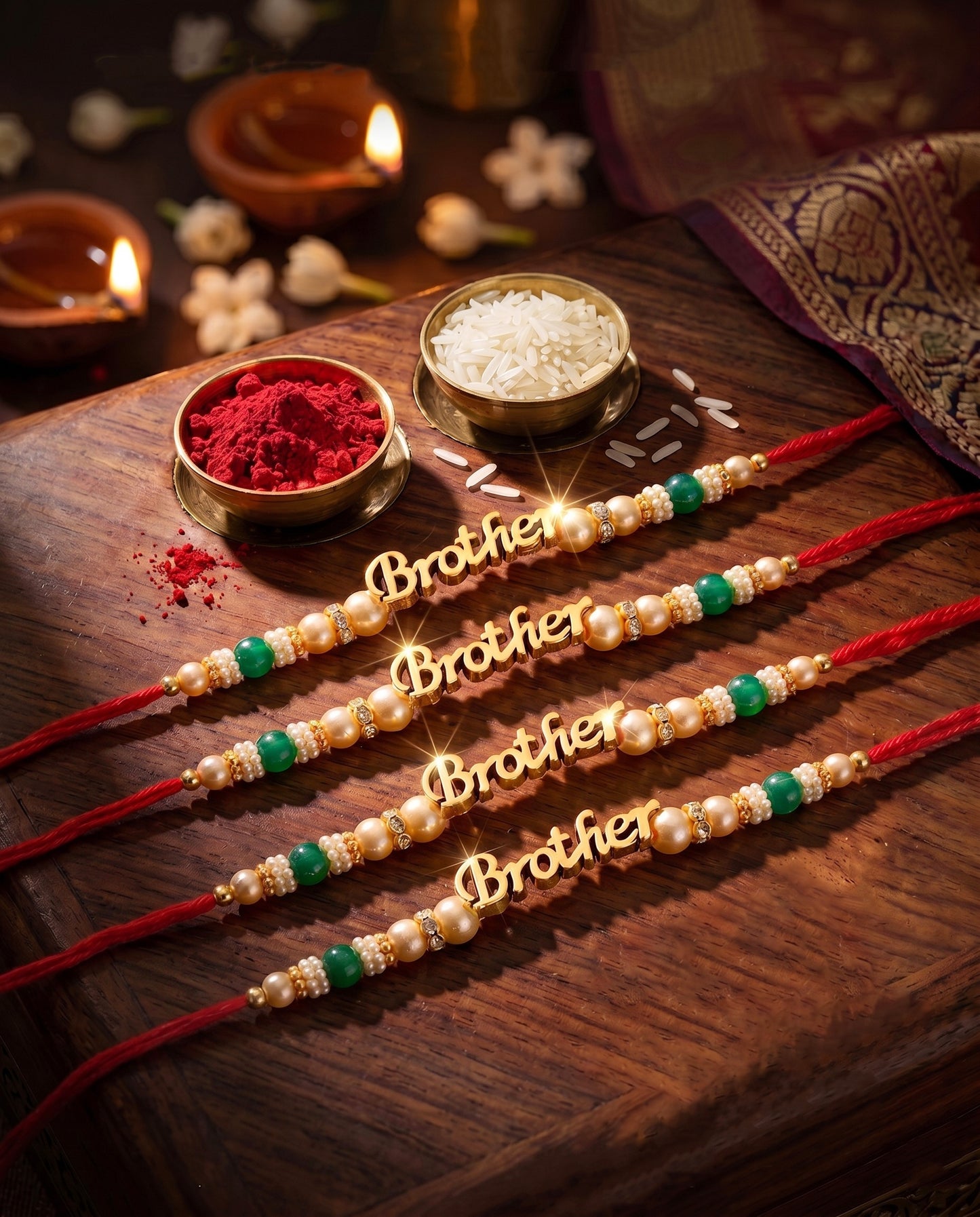 Set of 4 Gold Brother Text Rakhi with Green Beads, Roli Chawal & Card (102-CHR1-1964-4-2026)