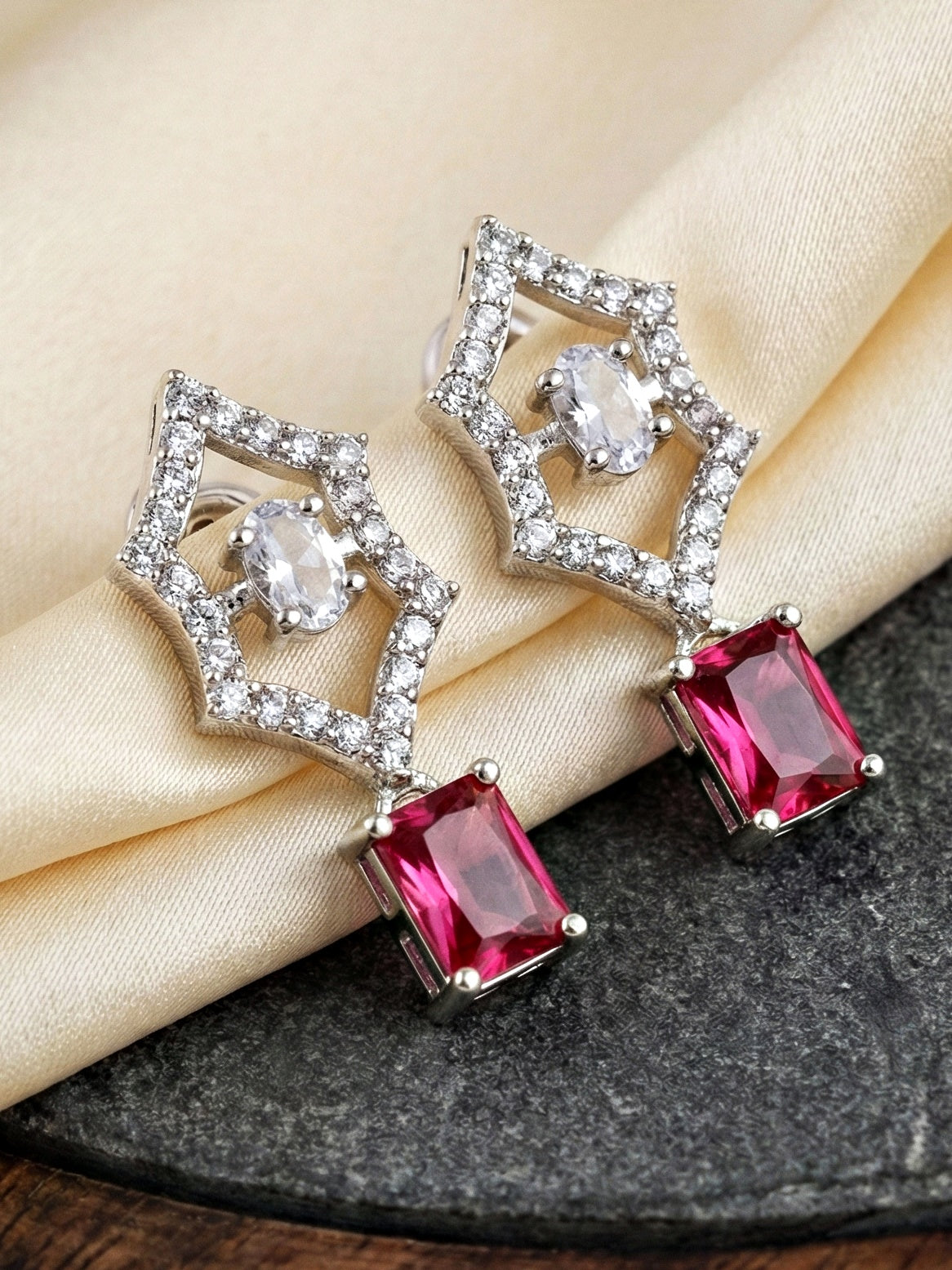 Silver-Tone Ruby Red Stone & American Diamond Necklace Set with Earrings for Women – Office, Party & Function Wear (628-K4SA-2240-R-S)