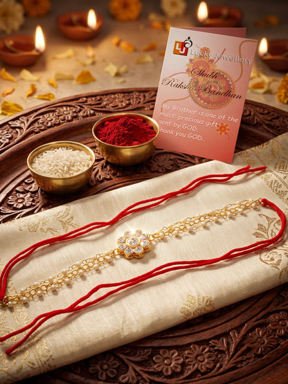 LUCKY JEWELLERY Traditional Rakhi for Brother/Bhaiya – Gold Plated Red Thread Rakshabandhan Rakhie in White Stones for Bhai/Bhabhi (Pack of 1) – Fancy Rakhee Bracelet Rakshasutra (99-L1R1-26-W-1-2026)