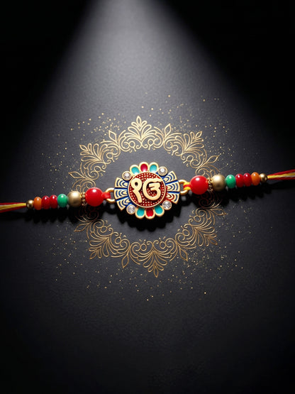 Ek Onkar Spiritual Sikh Rakhi For Brother | Punjabi Beaded Rakhi Set, Roli Chawal & Greeting Card (102-S5R1-PR1360)