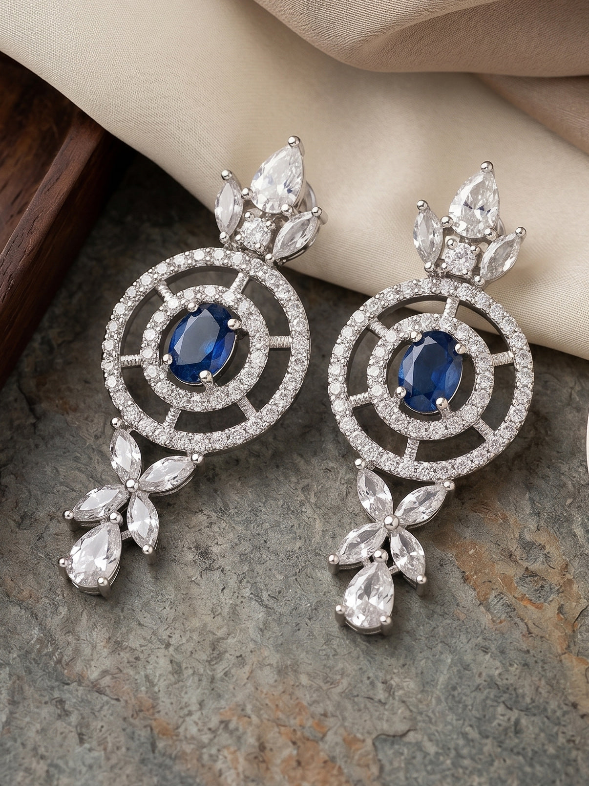 Silver-Tone Blue Stone & American Diamond Necklace Set with Earrings for Women – Office, Party & Function Wear (1717-K4SA-2242-B-S)
