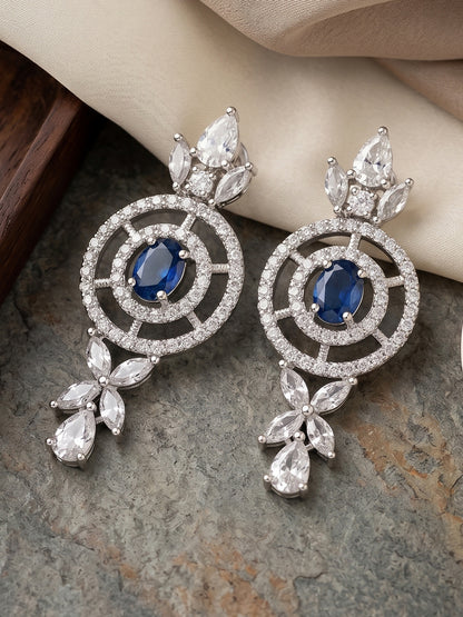 Silver-Tone Blue Stone & American Diamond Necklace Set with Earrings for Women – Office, Party & Function Wear (1717-K4SA-2242-B-S)