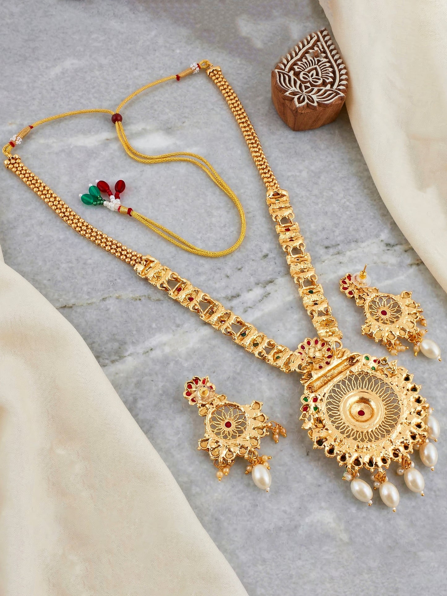Lucky Jewellery Gold-Plated Ruby & Green Color Long Necklace Set (750-G2SR-204-RG)
