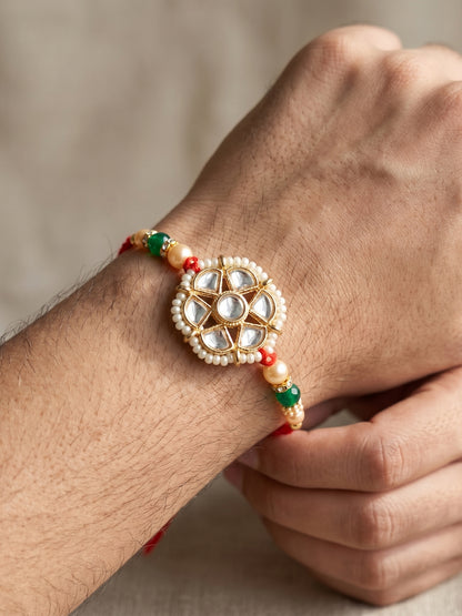 Set of 2 Bhaiya Bhabhi Rakhi Set with Floral Kundan, Green & White Beads, Tassel Lumba, Roli Chawal (118-JPCR1-1850-2-2026)