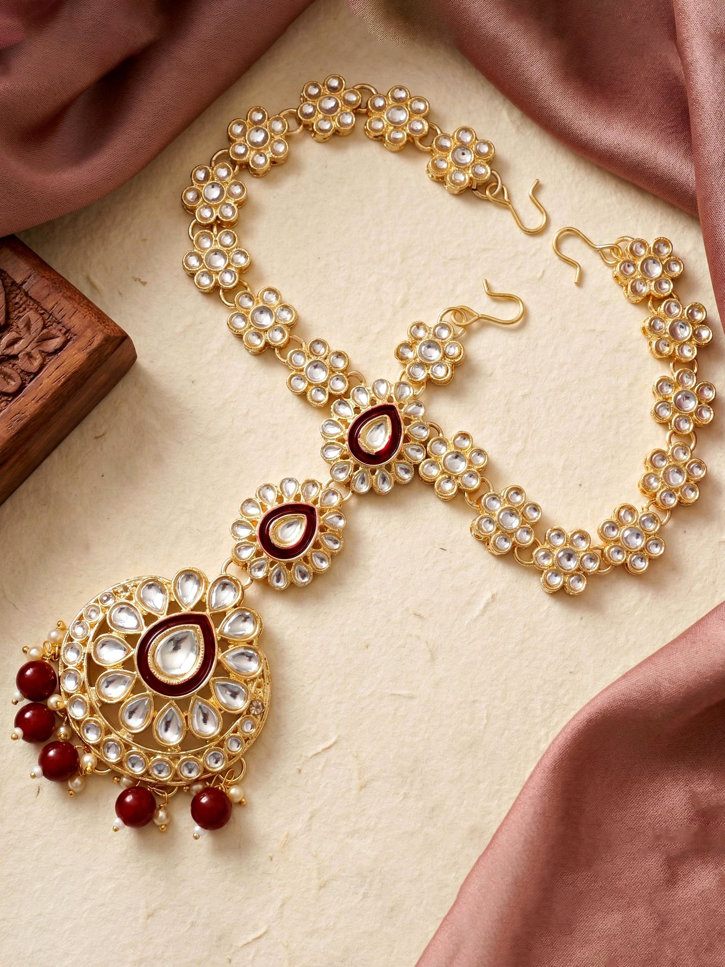 Bridal Kundan Maroon Choker Jewellery Set with Hathphool & Nath (2541-IZK-554-M)