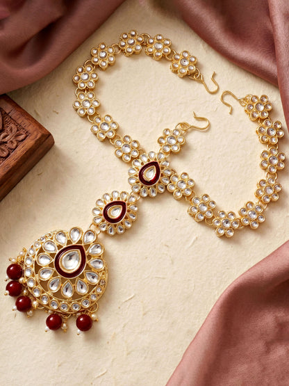 Bridal Kundan Maroon Choker Jewellery Set with Hathphool & Nath (2541-IZK-554-M)