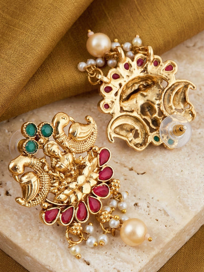 Lucky Jewellery Gold-Plated Laxmi Idol Temple Ruby & Green Color Necklace Set (660-G2SR-202-RG)