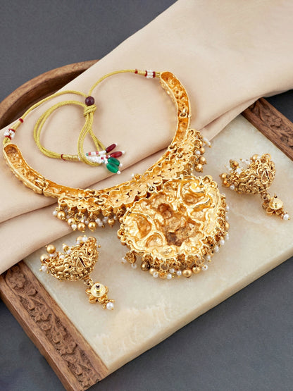 Gold Plated Temple Jewellery Necklace Set for Women with Goddess Lakshmi Pendant, Red Ruby & Green Stone Floral Design, Antique Traditional South Indian Bridal Jewellery, Pearl Drop Choker Necklace with Matching Jhumka Earrings (1634-ISR-2180-R)