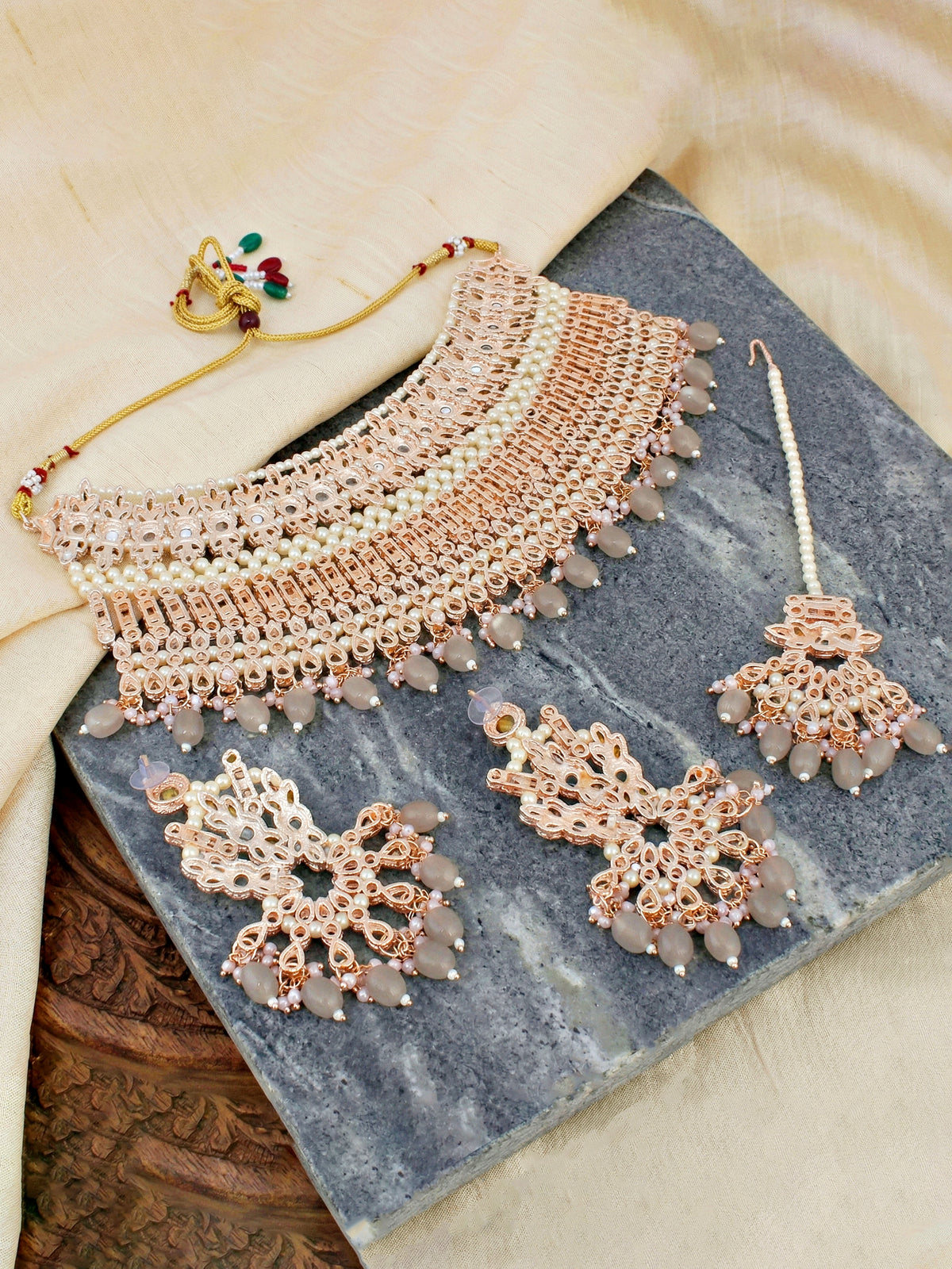 Rose Gold Plated AD Grey Stone & Pearl Bridal Choker Jewellery Set with Maang Tikka (974-B5SP-007-GR)
