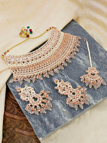 Rose Gold Plated AD Grey Stone & Pearl Bridal Choker Jewellery Set with Maang Tikka (974-B5SP-007-GR)
