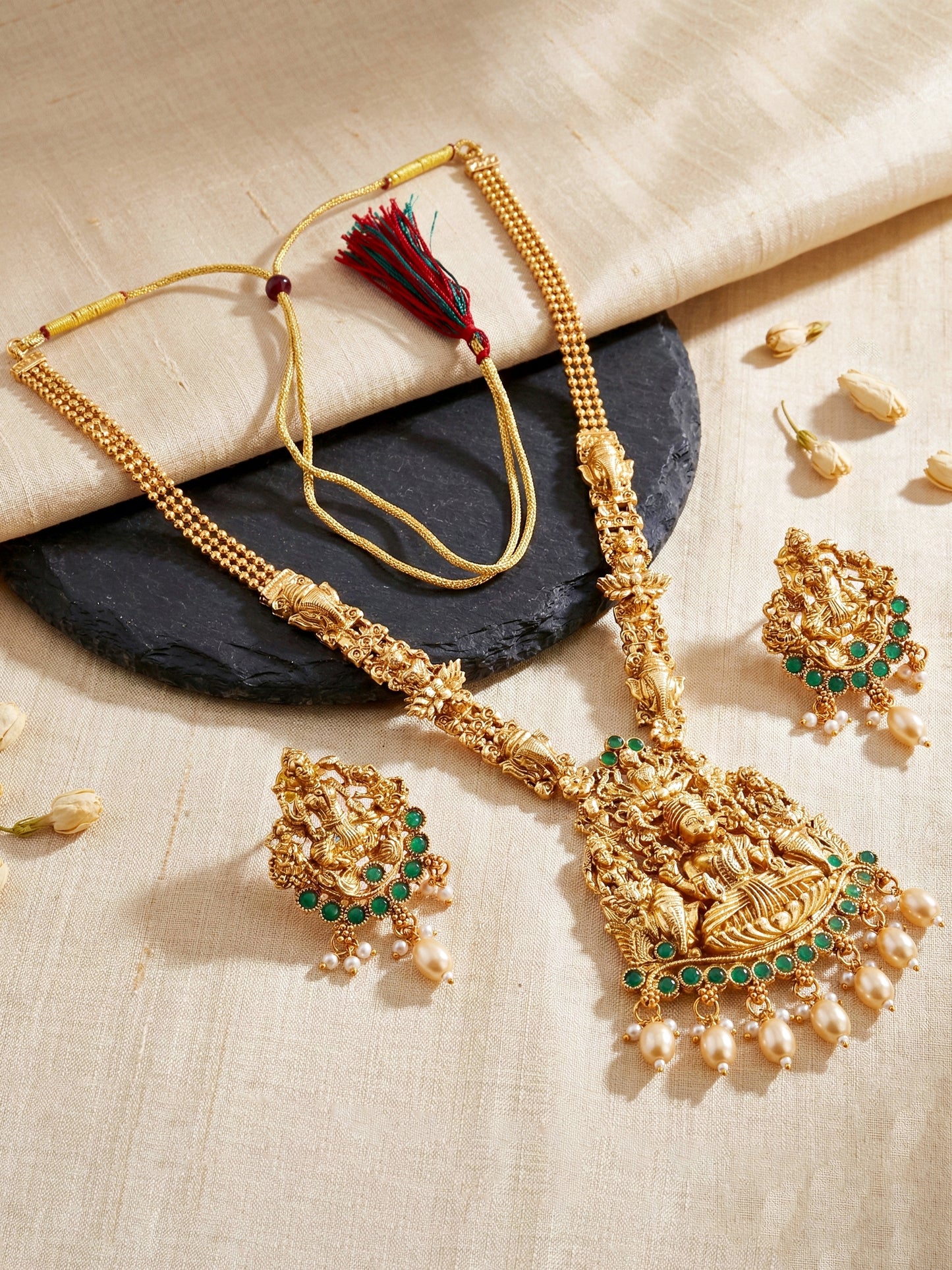 Lucky Jewellery Gold-Plated Laxmi Idol Temple Necklace Set (660-G2SR-196-G)