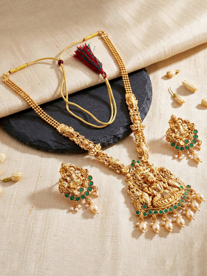 Lucky Jewellery Gold-Plated Laxmi Idol Temple Necklace Set (660-G2SR-196-G)
