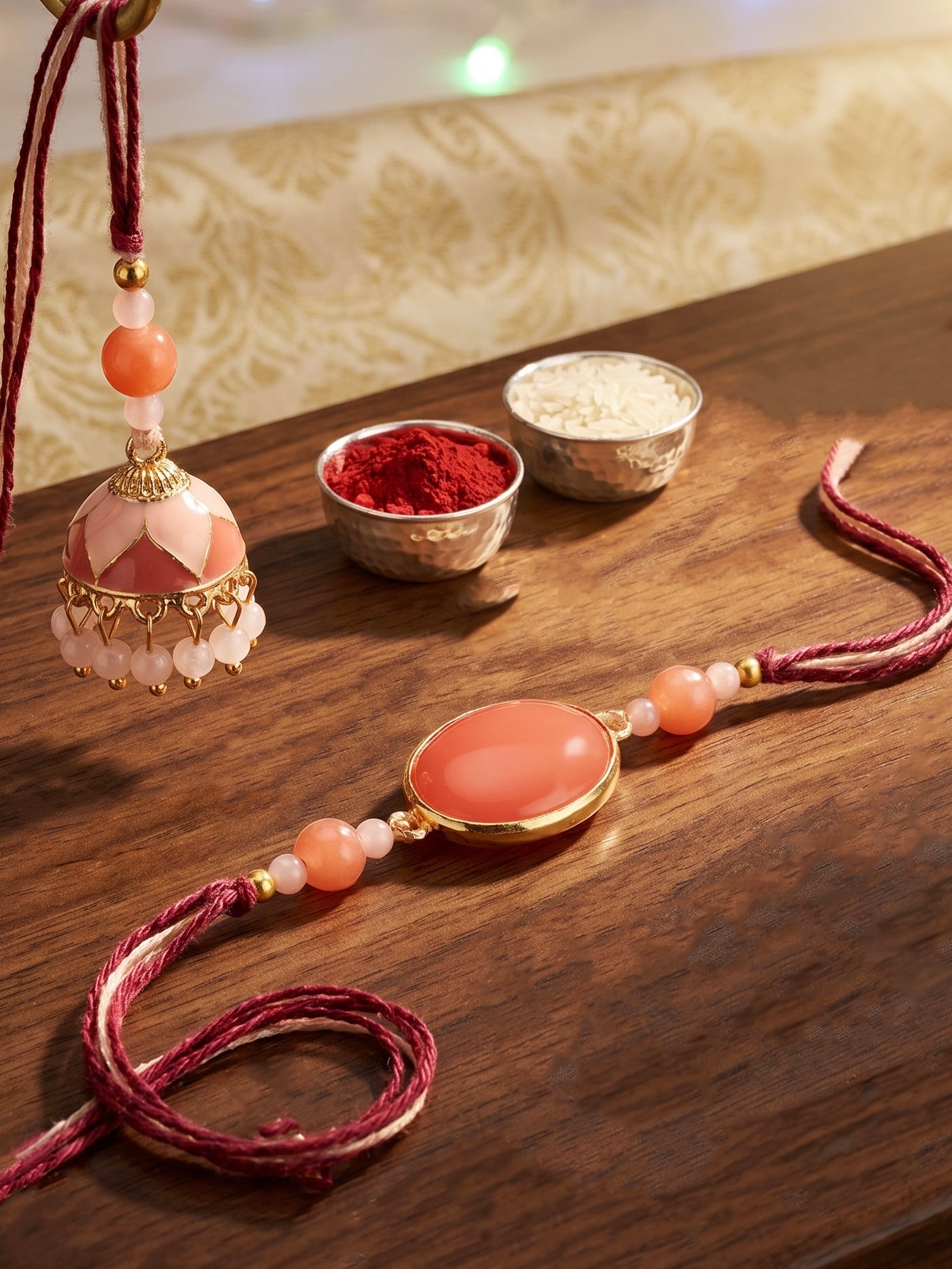Set of 2 Pink Faux Stone Bhaiya Bhabhi Rakhi Set with Jhumki Lumba. Pink Beads, Roli, Chawal & Card (265-CHCR1-1151-PK-2-2026)