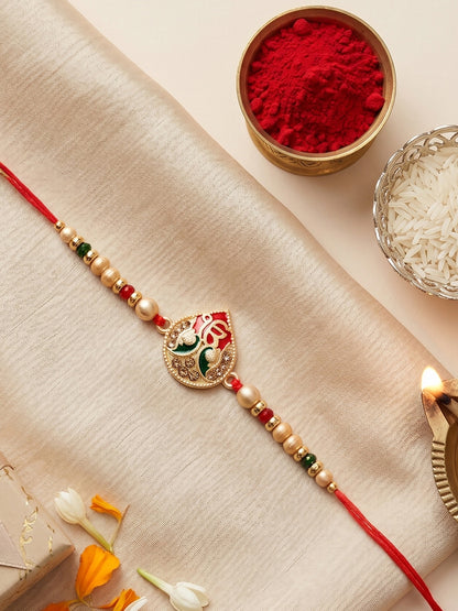 Ek Onkar Matte Gold Beaded Rakhi Set For Brother | Punjabi Sikh Rakhi With Roli Chawal, Card (102-S5R1-SA0177)