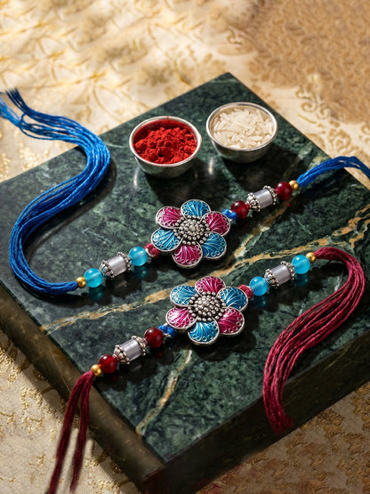 Set of 2 Designer Floral Rakhi for Brother with Metallic, Blue & Maroon Enamel, Roli & Chawal (106-CHR1-1967-RF-S-2-2026)