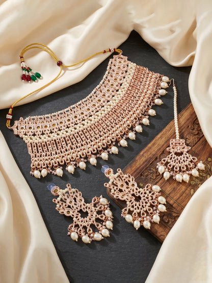Rose Gold Plated AD White Stone & Pearl Bridal Choker Jewellery Set with Maang Tikka (974-B5SP-007-W)
