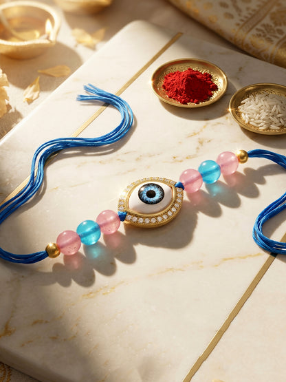 Evil Eye Rakhi for Brother. Protective Charm with Pink & Blue Beads, Roli, Chawal & Card (265-CHR1-1191-F-1-2026)