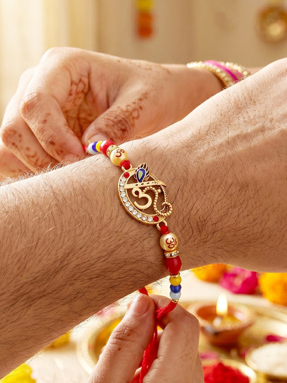 Spiritual Om Krishna Flute Peacock Beaded Rakhi Set For Brother | Roli Chawal & Cards (72-S5R1-AR2927)