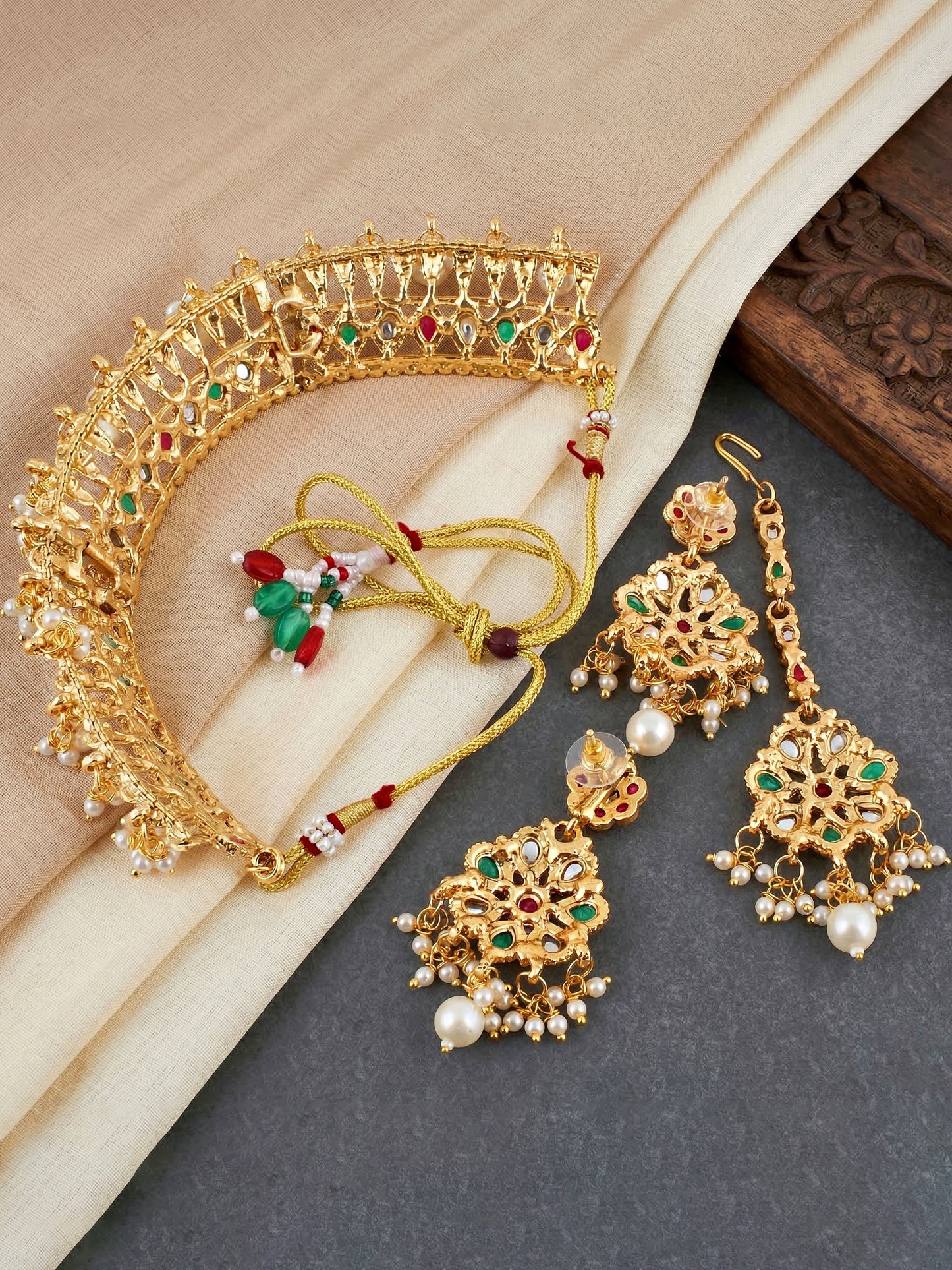 Lucky Jewellery Gold-Plated Ruby & Green Color Choker Set with Maang Tikka (750-G2SR-004-RG)