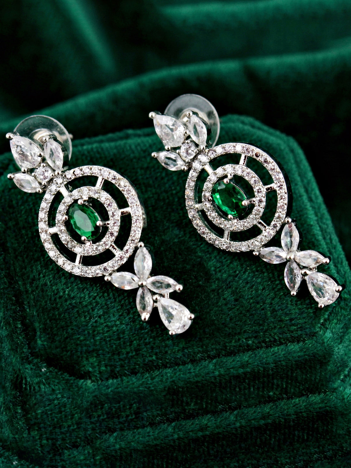 Silver-Tone Green Stone & American Diamond Necklace Set with Earrings for Women – Office, Party & Function Wear (1717-K4SA-2242-G-S)