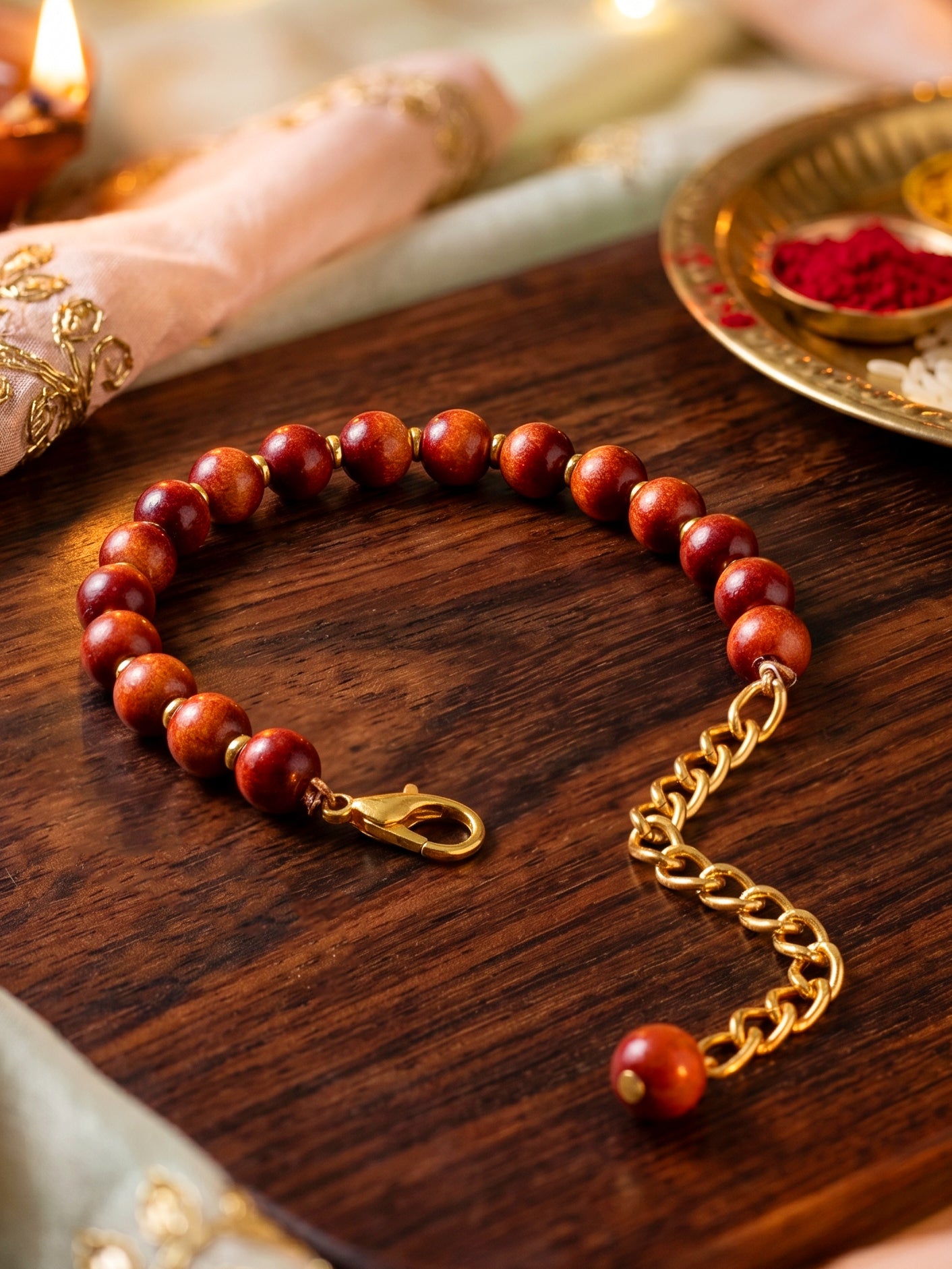 Elegant Brown Adjustable Rudraksha Style Beaded Rakhi with Roli Chawal & Greeting Card For Brothers (76-S7R1-EA3012)