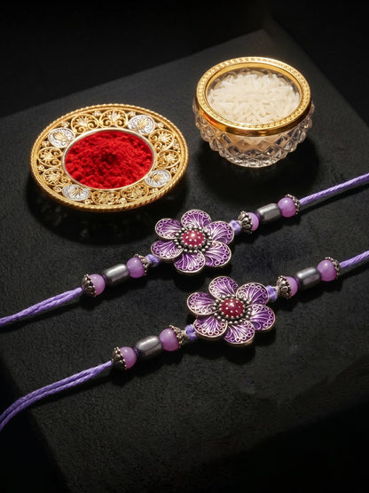 Set of 2 Purple Floral Rakhi for Brother with Silver Accents, Lavender Beads, Roli & Chawal & Card (106-CHR1-1967-P-S-2-2026)