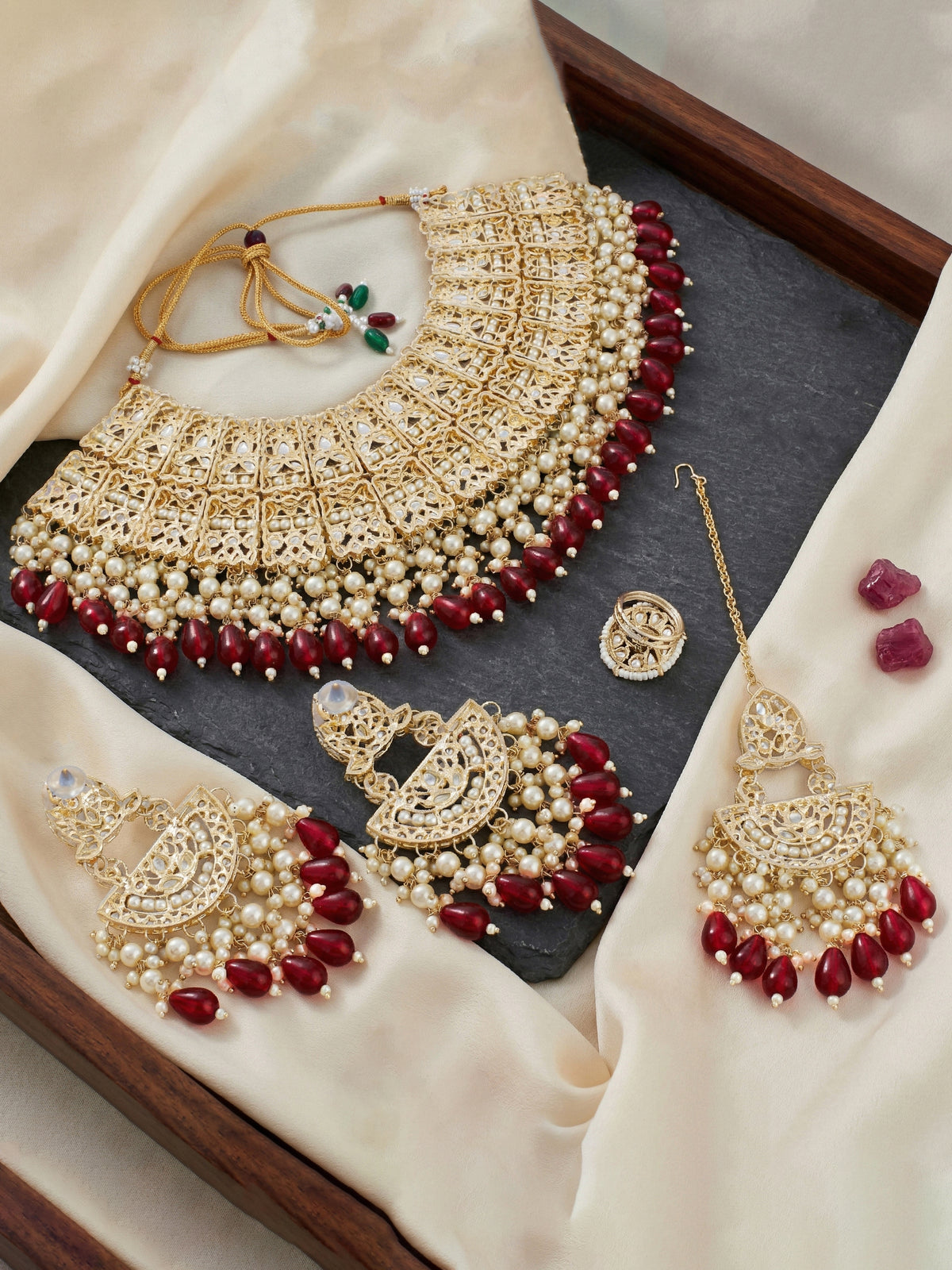 Gold Plated Kundan & Pearl Maroon Stone Bridal Choker Jewellery Set with Maang Tikka (1683-ISK-855-M)