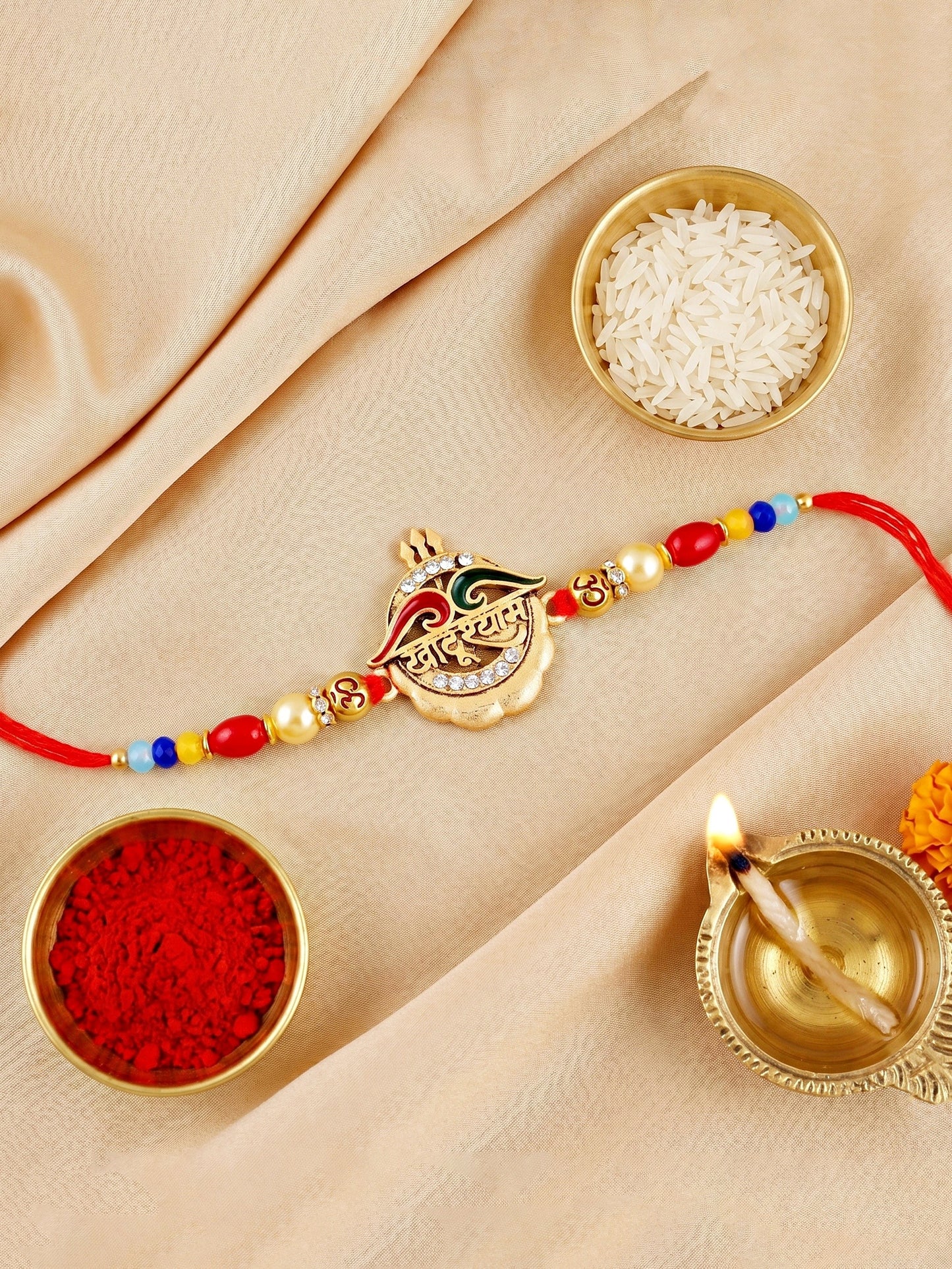 Divine Khatu Shyam & Trishul Om Beaded Rakhi Set For Brother with Roli Chawal & Card (72-S5R1-AR2970)