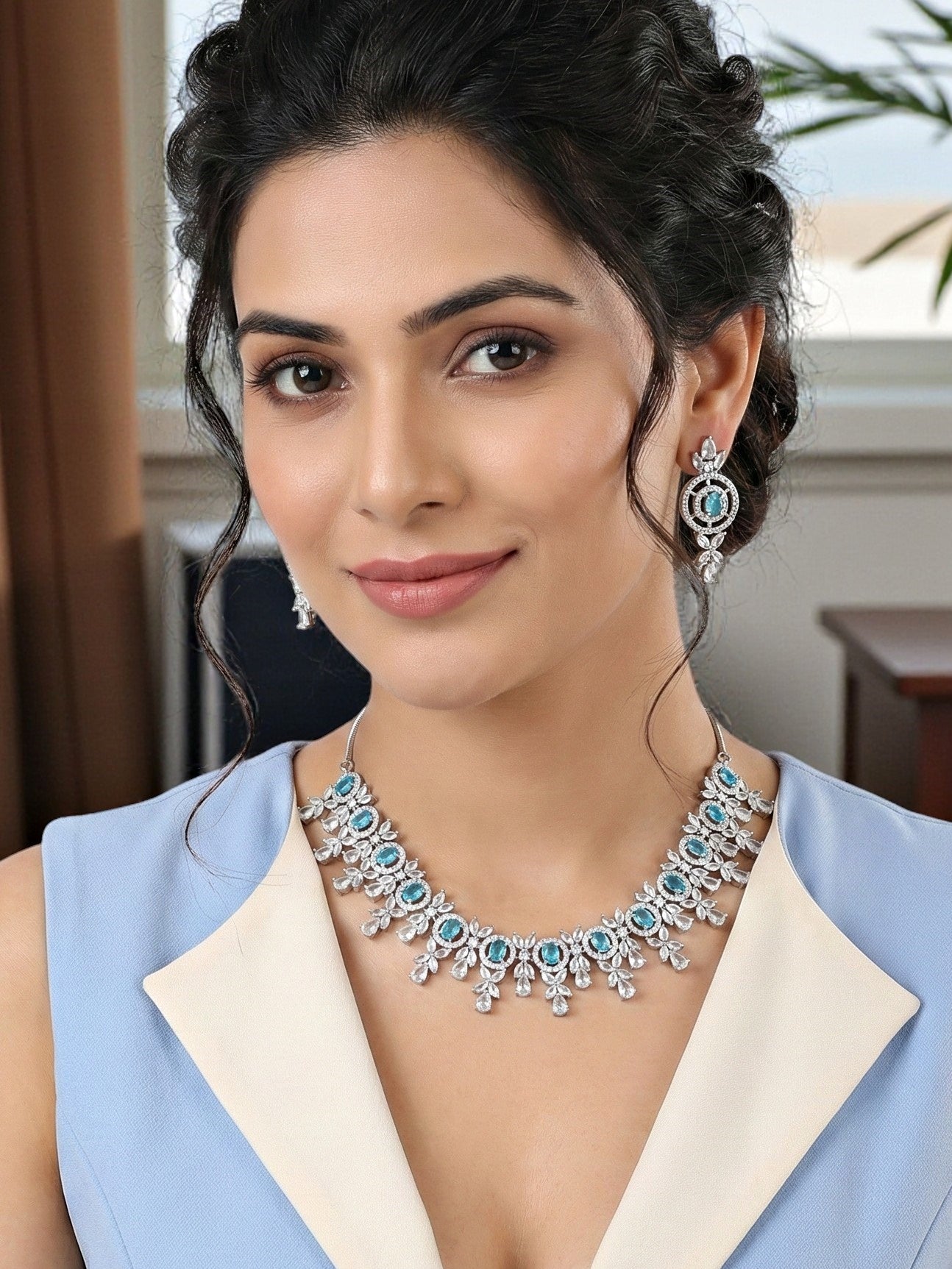 Silver-Tone Ferozi (Turquoise) Stone & American Diamond Necklace Set with Earrings for Women – Office, Party & Function Wear (1717-K4SA-2242-F-S)