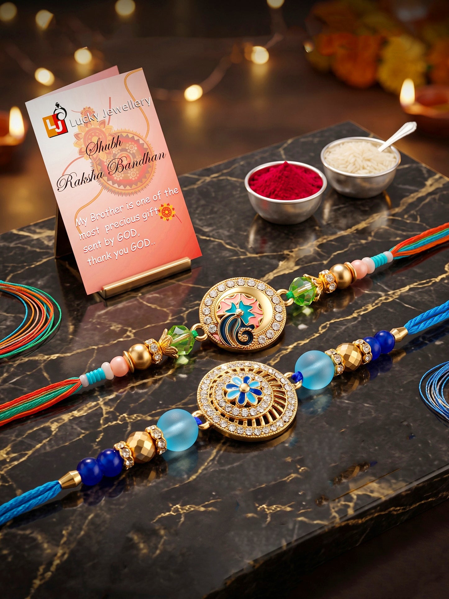 Lucky Jewellery Set of 2 Rakhi with Peacock & Floral Pendants, Blue & Green Beads, Roli Chawal & Card (173-S7R1-2317-2)