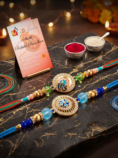 Lucky Jewellery Set of 2 Rakhi with Peacock & Floral Pendants, Blue & Green Beads, Roli Chawal & Card (173-S7R1-2317-2)