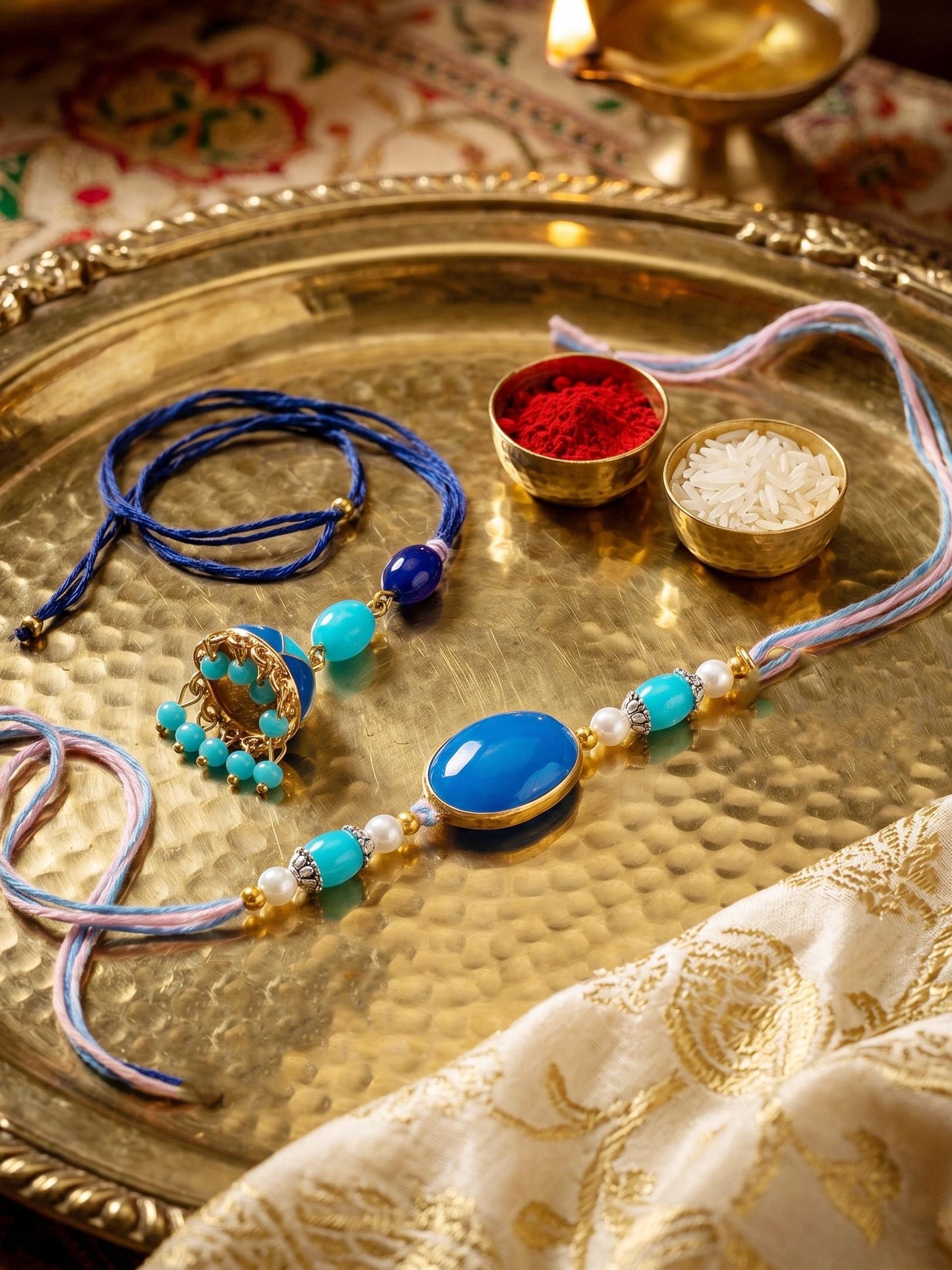 Set of 2 Blue Faux Stone Bhaiya Bhabhi Rakhi Set with Jhumki Lumba, Blue & White Beads (265-CHCR1-1151-FB-2-2026)