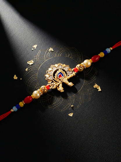 Designer Krishna Flute & Peacock Rakhi Set For Brother | Roli Chawal And Card (72-S5R1-AR2934)