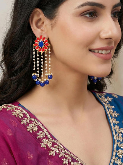 Gold-Plated Magenta Enamel Floral Earrings with Moti Layers &  Blue Beads Earring For Girls & Women (354-KEO-13113-RB)