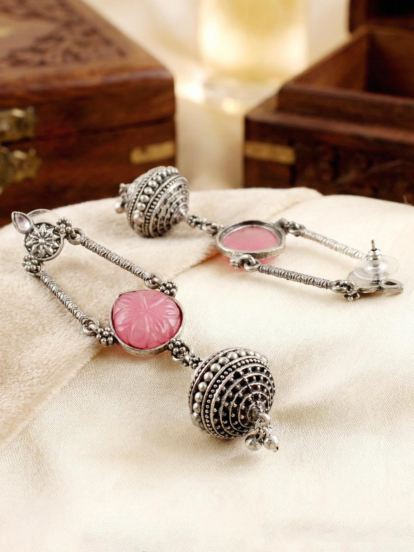 Oxidised Silver Pink Stone Long Dangler Earrings For Girls & Women (370-KEG-13541-PK-S)