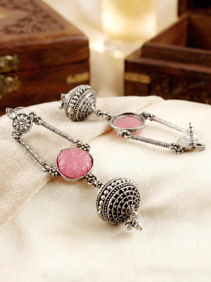 Oxidised Silver Pink Stone Long Dangler Earrings For Girls & Women (370-KEG-13541-PK-S)